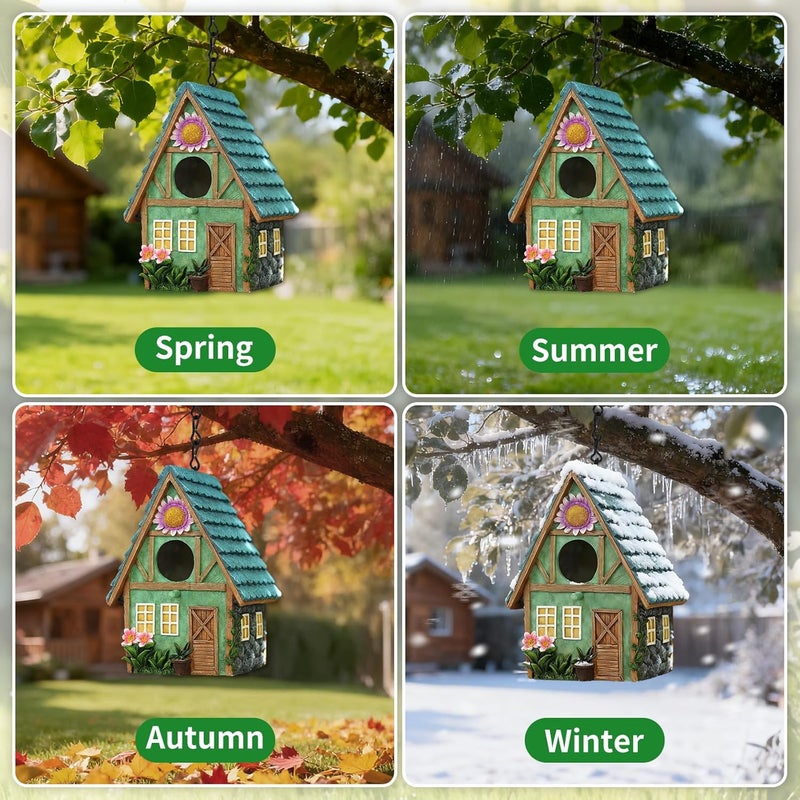 MINWOLF Bird Houses for Outside Cottage-Style Hanging Birdhouse with Flower Accents – Hand-Painted Resin Decorative Birdhouses for Outdoors for Bluebird Finches Cardinals Bird Nesting Garden, Patio, Yard - Image 3